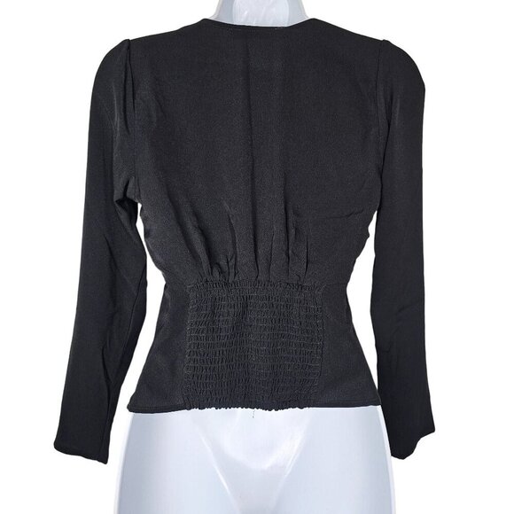 Abercrombie & Fitch Black Long Sleeve V-Neck Shirt Blouse Smocked Back Womens XS - Picture 2 of 8